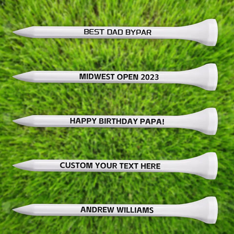 Custom Wooden Golf Tees Two And Three Quarters Inches Long Personalize With Your Name Or Text In Bulk Packs On Grass