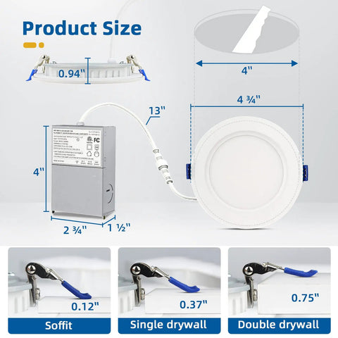 Diagram of 12 Pack 4 Inch Recessed LED Lights Canless Retrofit Dimmable 3000K Warm White dimensions with junction box size.