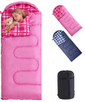 All Season Kids Sleeping Bag For Girls And Boys, Lightweight Weatherproof Camping Bag, Cozy Flannel Pink with plaid interior, 67x27 inches