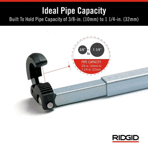 Fold Over Basin Adjustable Pipe Wrench 10 To 17 Inch Telescoping Shank With One Hand Ratcheting Grip showing ideal pipe capacity
