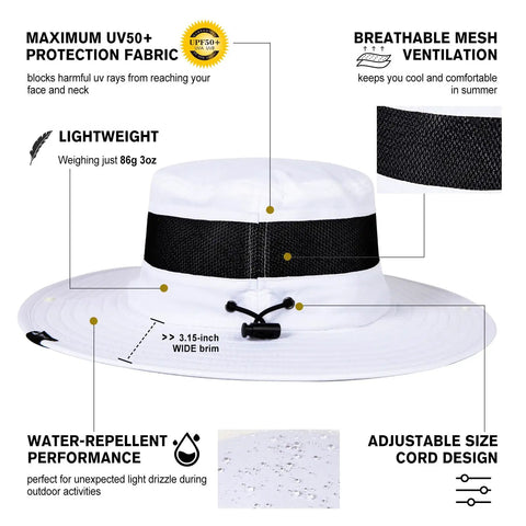 Cooling Mesh Boonie Hat With Sweatband For Hot Days, Flip Up Wide Brim For Better Visibility, UV Protection, White XL XXL, features.