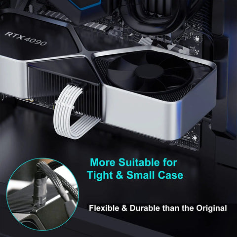 PCIe 5.0 16Pin GPU Power Extension Cable For RTX 4070Ti installed in a compact gaming computer case, white sleeved