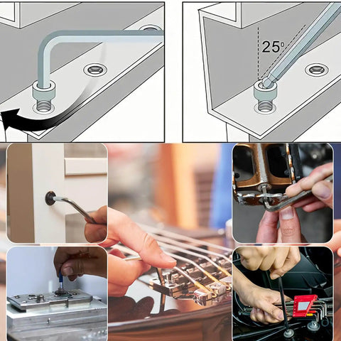 Heavy Duty 4 Piece 1.5mm Ball End Hex Key Wrench Set used in furniture, bicycle, and machine repair; illustrations show L-shaped design.