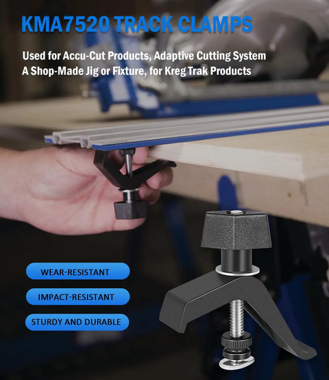 Universal Track Clamps For Accu Cut And Adaptive Cutting Systems mounted on Kreg Trak with hand demonstrating use.