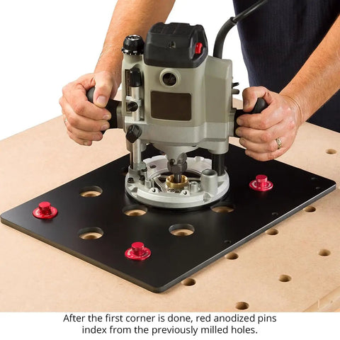Nailed Your Gridwork Projects With This Top ShelfUSA Made Woodworking Hole Boring Jig, router aligned over phenolic template.