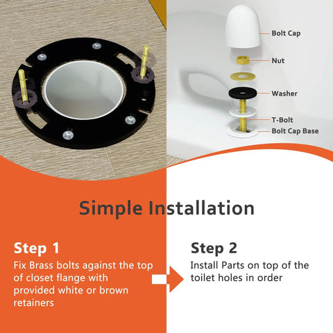 Heavy Duty Toilet Flange Bolts Rock Solid Wobble Free Install Kit Featuring Quick Snap Cover Caps And Premium Wax Ring Replacement Parts For Standard Floor assembly guide showing brass bolts and installation steps.