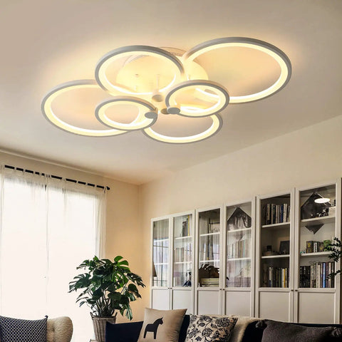 Six Ring LED Ceiling Light With Remote Control Dimmable White Flush Mount Fixture for Living Room