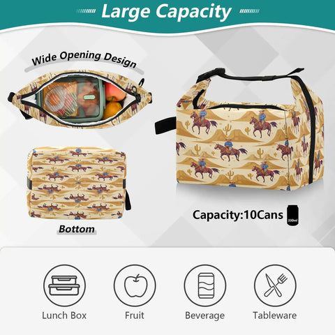Insulated Lunch Bag For Work And Travel, Leakproof Reusable Lunch Tote With High Capacity, Cowboy Desert Theme
