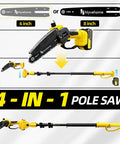 Cordless Pole Saw 4-In-1 With Dual 6-Inch And 8-Inch Bars And 180 Degree Rotatable Trimmer, Brushless Motor, 4000mAh Battery
