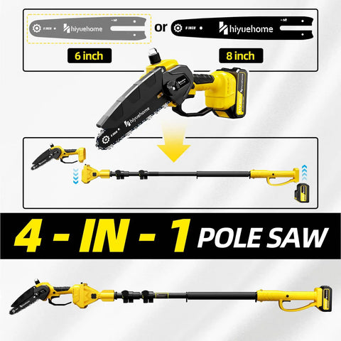 Cordless Pole Saw 4-In-1 With Dual 6-Inch And 8-Inch Bars And 180 Degree Rotatable Trimmer, Brushless Motor, 4000mAh Battery