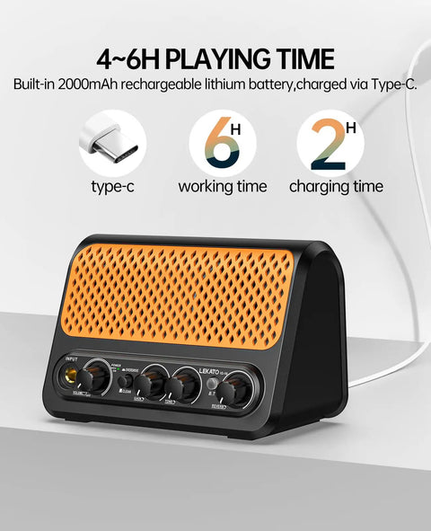 10W Mini Electric Guitar Amplifier With Clean And Overdrive Channels, Reverb, Bluetooth Streaming, Black And Orange design.