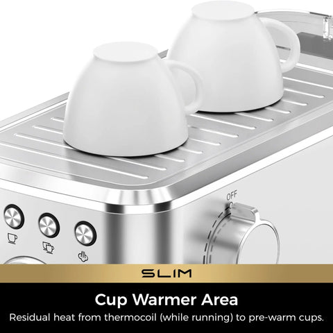 Slim Espresso Machine With Milk Frother, 20 Bar Italian Pump, Fast Heat 1350W, barista-grade crema espresso at home, cup warmer