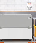 Built Like A Tank Heavy Duty Commercial Milk Cooler Refrigerator For Schools And Cafeterias With Smooth Heavy Duty Casters 12 Crate Stainless Steel Beverage Chiller Etl Certified Solid Service Ready Storage in a cafeteria setting.