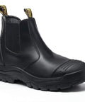 Black leather men's soft toe waterproof work boots with wide toe box, slip-on design, slip resistant sole, anti static safety shoes.