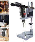 Universal Drill Press Adapter For Hand Tools, Adjustable Benchtop Conversion Stand with aluminum base and drill attachment for woodworking.