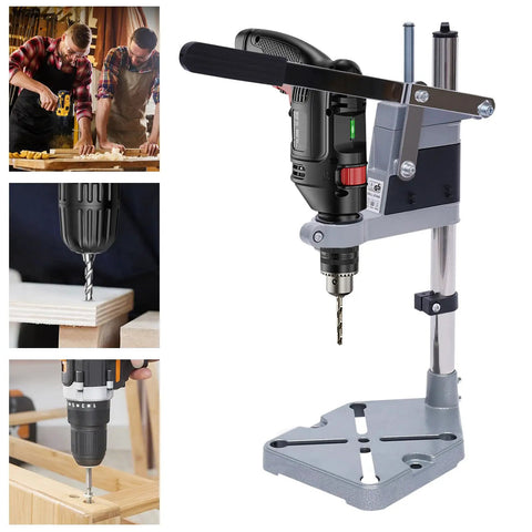 Universal Drill Press Adapter For Hand Tools, Adjustable Benchtop Conversion Stand with aluminum base and drill attachment for woodworking.