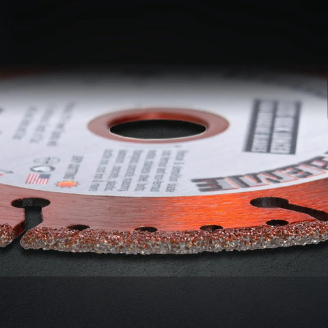 Close-up of Extreme 4.5 Inch Cut Off Wheel 3 Pack for Metal Cutting, showcasing vacuum brazed industrial diamond grit edge.