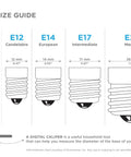 Base size guide showing E11, E12, E14, E17, E26 dimensions for light bulbs; includes a digital caliper for measurement.