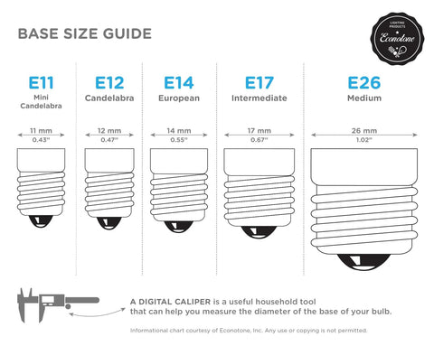 Base size guide showing E11, E12, E14, E17, E26 dimensions for light bulbs; includes a digital caliper for measurement.
