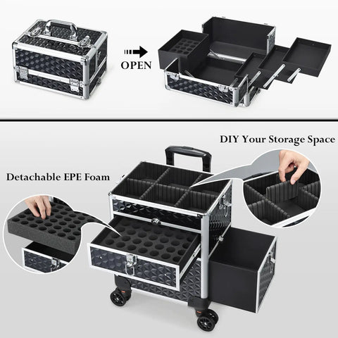 Rolling Makeup Case With Drawers For Tattoos And Nail Techs On The Go Tattoo Travel Cart Cosmetology Barber Tools Organizer Portable Suitcase With Detachable Top Case and customizable middle tray shown open with drawers visible.