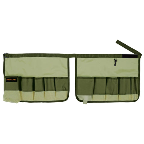Canvas garden tool caddy for 5-gallon bucket with nine deep pockets and pencil slots, shown flat and uninstalled.