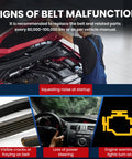 Signs of belt malfunction showing man inspecting engine with Premium 8PK1865 Serpentine Belt For Toyota Tundra 5.7L Engines.