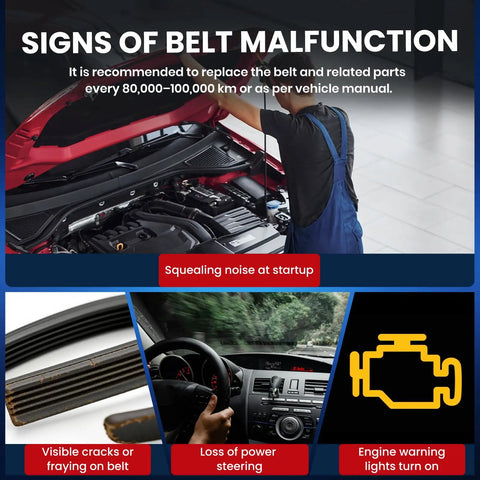 Signs of belt malfunction showing man inspecting engine with Premium 8PK1865 Serpentine Belt For Toyota Tundra 5.7L Engines.