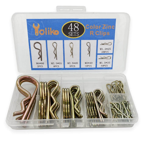 48 Piece Zinc Color Hitch Pin Clip Assortment Kit Featuring 6 Sizes R Clips Cotter Pins Hair Pins Retaining Pins For Dolly Pins Trailer Pins Tractor Equipment Replacement Set For Secure Quick Release Applications displayed in open plastic storage with visible sizes and quantities