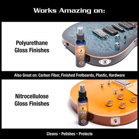 Guitar One All In One Cleaner Polish And Wax 4 Oz for polyurethane and nitrocellulose gloss finishes on electric guitars