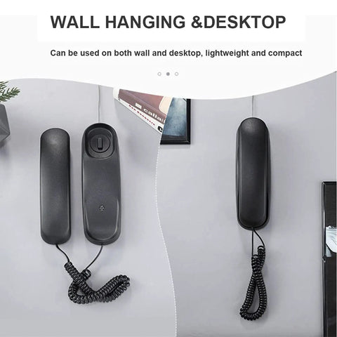 No Fuss Corded Landline Telephone Packed With Gotta Have HD Sound And Jumbo Senior Approved Keys designed for easy one touch calling, shown wall hanging and on desktop.