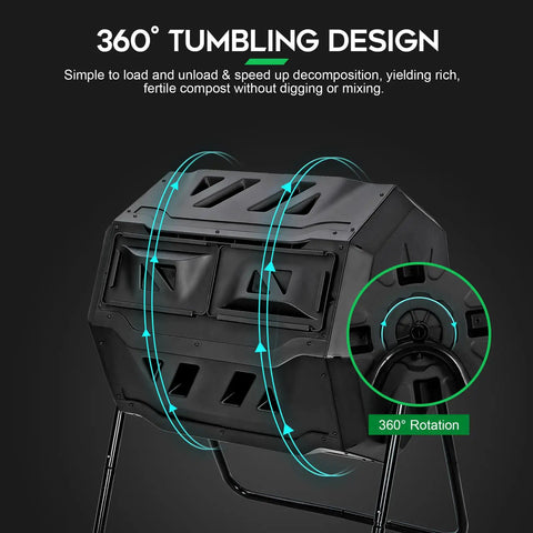 43 Gallon Dual Chamber Compost Tumbler With 360 Degree Rotating Bin for easy spin and continuous composting, black