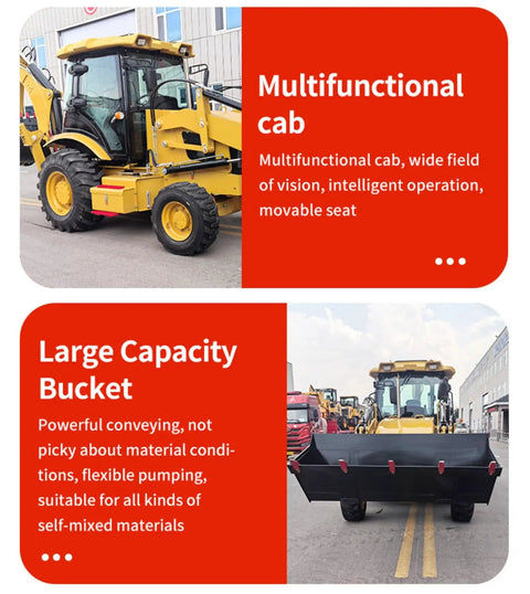 Compact Backhoe Loader With Towable Excavator Arm for Construction, Trenching, Farm and Earthmoving Work showcasing cab and bucket.