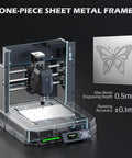 Front view of Genmitsu Cubiko desktop CNC router with clear acrylic base, metal frame, spindle, and control panel.