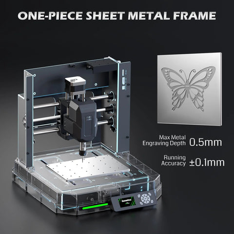 Front view of Genmitsu Cubiko desktop CNC router with clear acrylic base, metal frame, spindle, and control panel.
