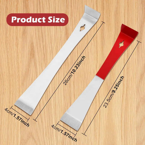 Flat Pry Bar Set, Stainless Steel Pry Bar Scraper Tools, two pry bars in silver and red, 235mm and 260mm, on wood surface