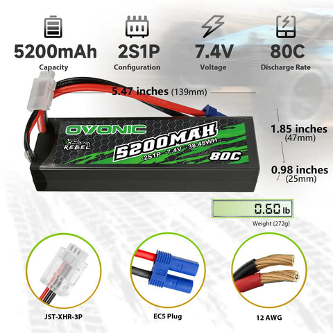 5200mAh 7.4V 2S LiPo Battery 80C With Hard Case EC5 Connector For RC Cars, Trucks, Planes And Drones with size details.