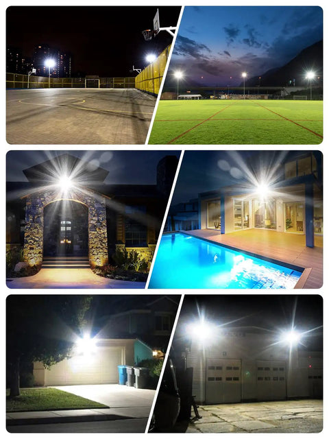 Beastly Bright 300W LED Flood Light 24000LM 6000K Daylight White illuminating various outdoor spaces like courts and pools at night.