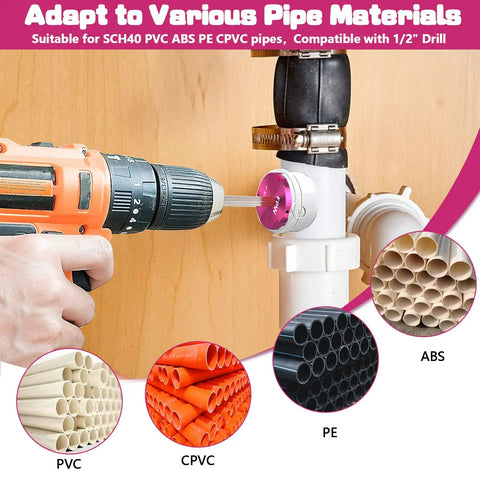 Pro Grade Triple Inserts 4 Inch PVC Pipe Reamer Kit in use with drill on Schedule 40 pipe for CPVC and ABS fitting saver