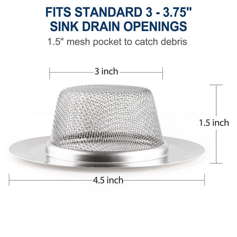 Heavy-Duty Kitchen Sink Strainer Set, 2 Dope Stainless Steel Mesh Drain Screens With Wide Rim, detailed view with measurements