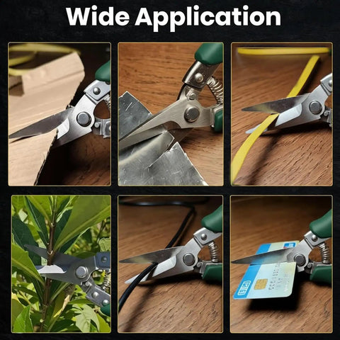 Workhorse Tin Snips Set With Straight And Curved Metal Cutter Shears Heavy Duty Stainless Steel Non Slip Serrated Blades For Quick Clean Cuts On Tin Aluminum Copper Cardboard And Roofing Metal For DIY Projects. Tin snips cutting cardboard, metal, cable, plant stem, and card