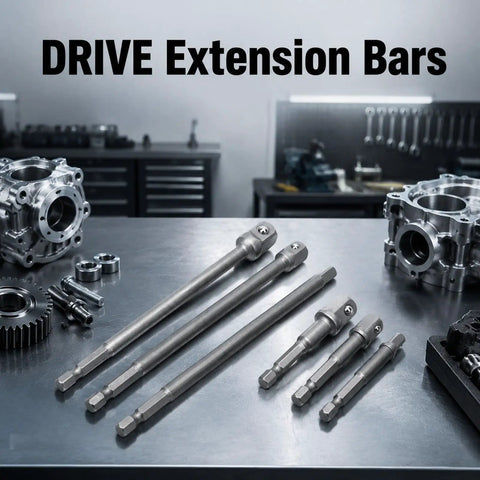 Drive Extension Bar Set For Electric Ratchet Wrench, Six Piece Vanadium Steel Extension Bars With Varied Lengths, on Workbench
