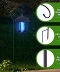 61 Inch Shepherds Hook Bug Zapper Outdoor Hanger Ground Stake Garden Plant Stand Stake for Flower Baskets Bird Feeders And Wedding Decor Easy Yard Setup with blue light, black iron hook, and rust-proof design in garden setting.