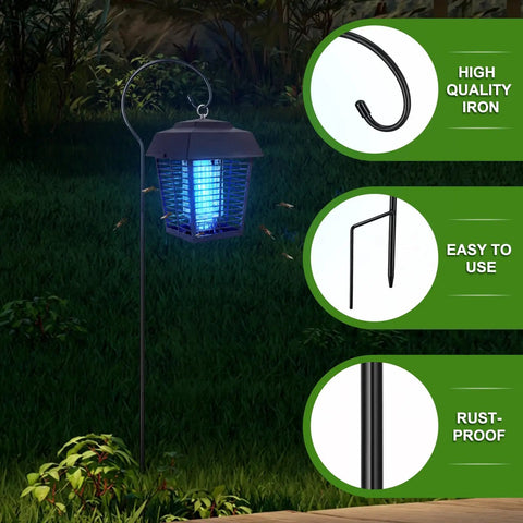 61 Inch Shepherds Hook Bug Zapper Outdoor Hanger Ground Stake Garden Plant Stand Stake for Flower Baskets Bird Feeders And Wedding Decor Easy Yard Setup with blue light, black iron hook, and rust-proof design in garden setting.