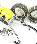 Real Deal Sectional Sewer Snake Machine 1.5 HP Drain Cleaner with 120 foot cable, six cutter pieces, and accessories for tough clogs.