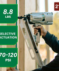 Top Shelf Pneumatic Framing Nailer With Smooth Operator Depth Tweaks And Heavy Duty Aluminum Magazine working on wood framing, 21 degree angle, 8.8 lbs.