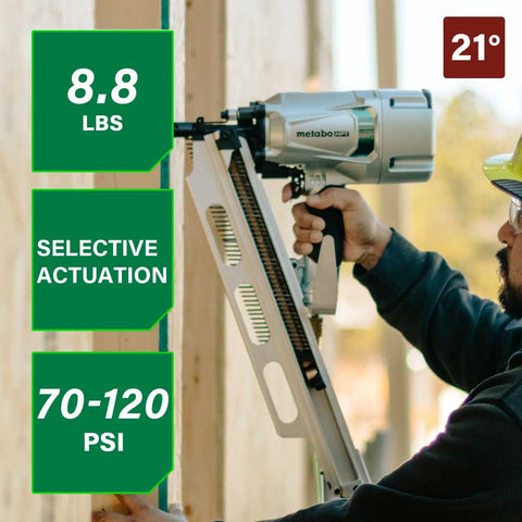 Top Shelf Pneumatic Framing Nailer With Smooth Operator Depth Tweaks And Heavy Duty Aluminum Magazine working on wood framing, 21 degree angle, 8.8 lbs.