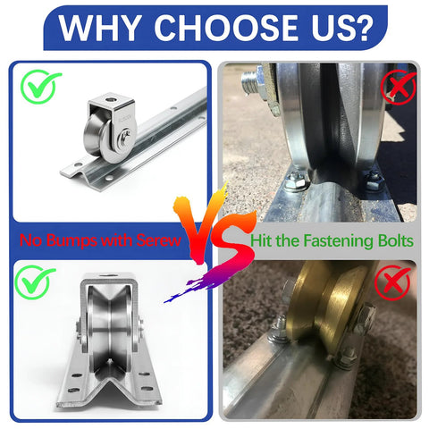 Comparison of sliding gate systems showing 12 Ft Heavy Duty Inverted V Track For 1 Inch OD V Groove Rollers, highlighting no bumps with screws vs bolts.