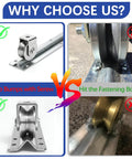 Four images comparing sliding gate rollers and tracks with focus on eight foot heavy duty inverted V track for 1 inch OD V groove rollers.