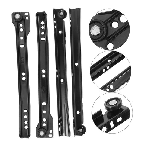 Heavy Duty Under Mount Drawer Slides For Dressers And Cabinets Made From Solid Cold Rolled Steel, showing metal tracks and rollers.