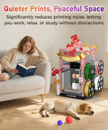 Person relaxing near decorated 3D printer with Enclosure Kit For AD5X 3D Printer With Optimized Design, Quiet Odor Reducing.